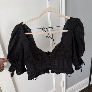 For Love And Lemons Black Eyelet Puff Sleeve Crop Top